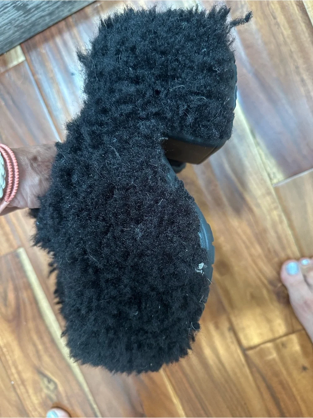 Black fluffy faux fur platform crocs 7